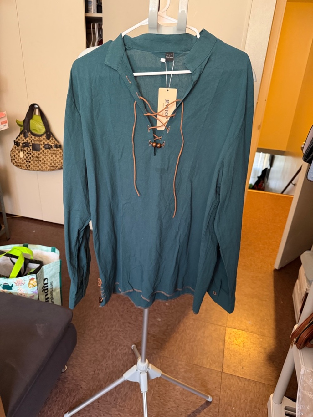 Linen-Blend Lace-Up Blouse - Teal